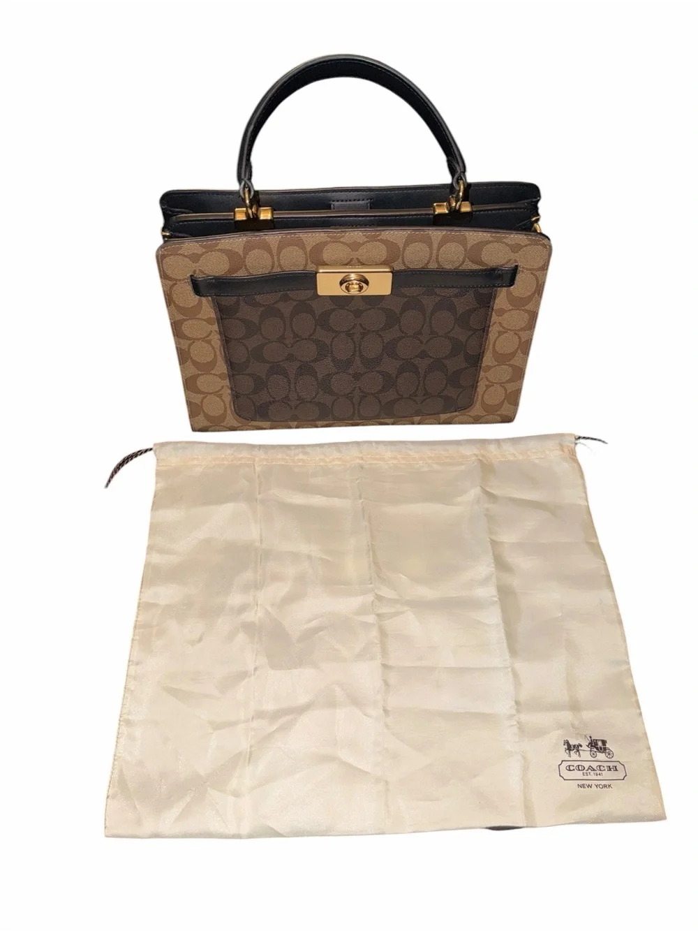 Coach Brown Signature Canvas Top-Handle Satchel with Black Trim